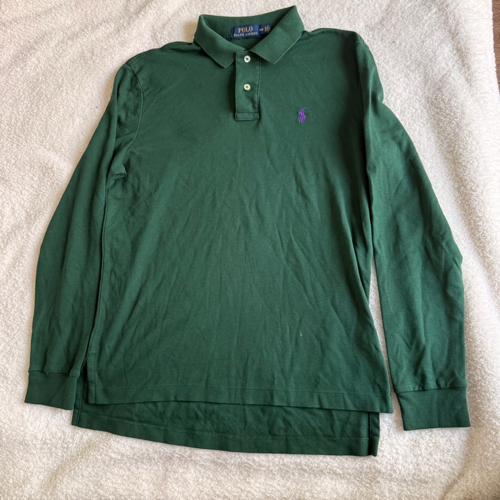 Polo Ralph Lauren Long Sleeve Polo Shirt - Hunter Green / Purple Pony - Size M